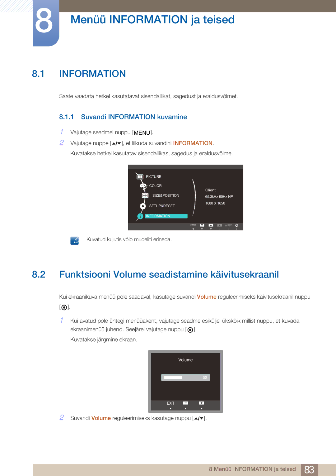 Samsung LF24TOWHBFM/EN manual Menüü Information ja teised, Funktsiooni Volume seadistamine käivitusekraanil 