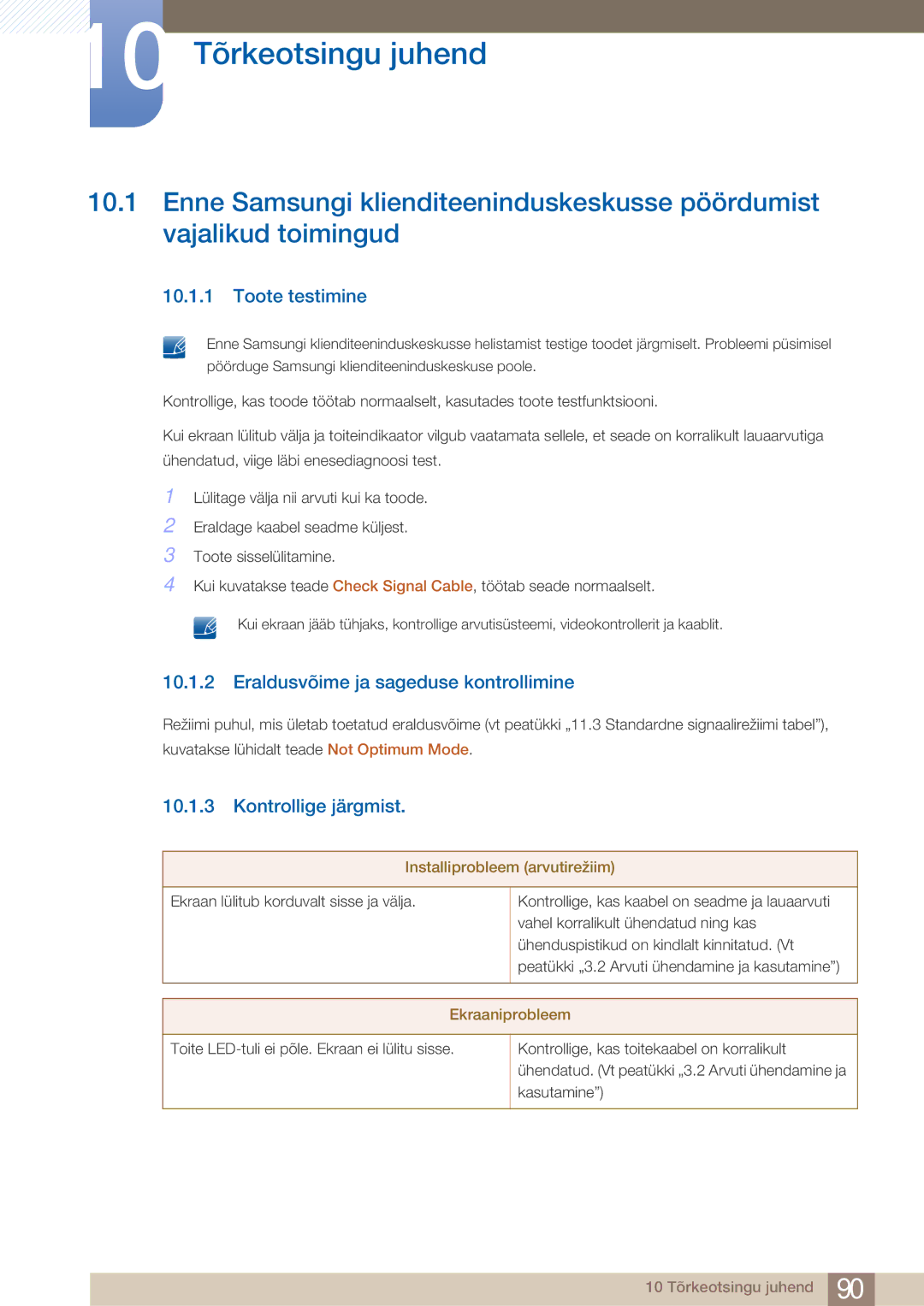 Samsung LF24TOWHBFM/EN manual 10 Tõrkeotsingu juhend, Toote testimine, Eraldusvõime ja sageduse kontrollimine 