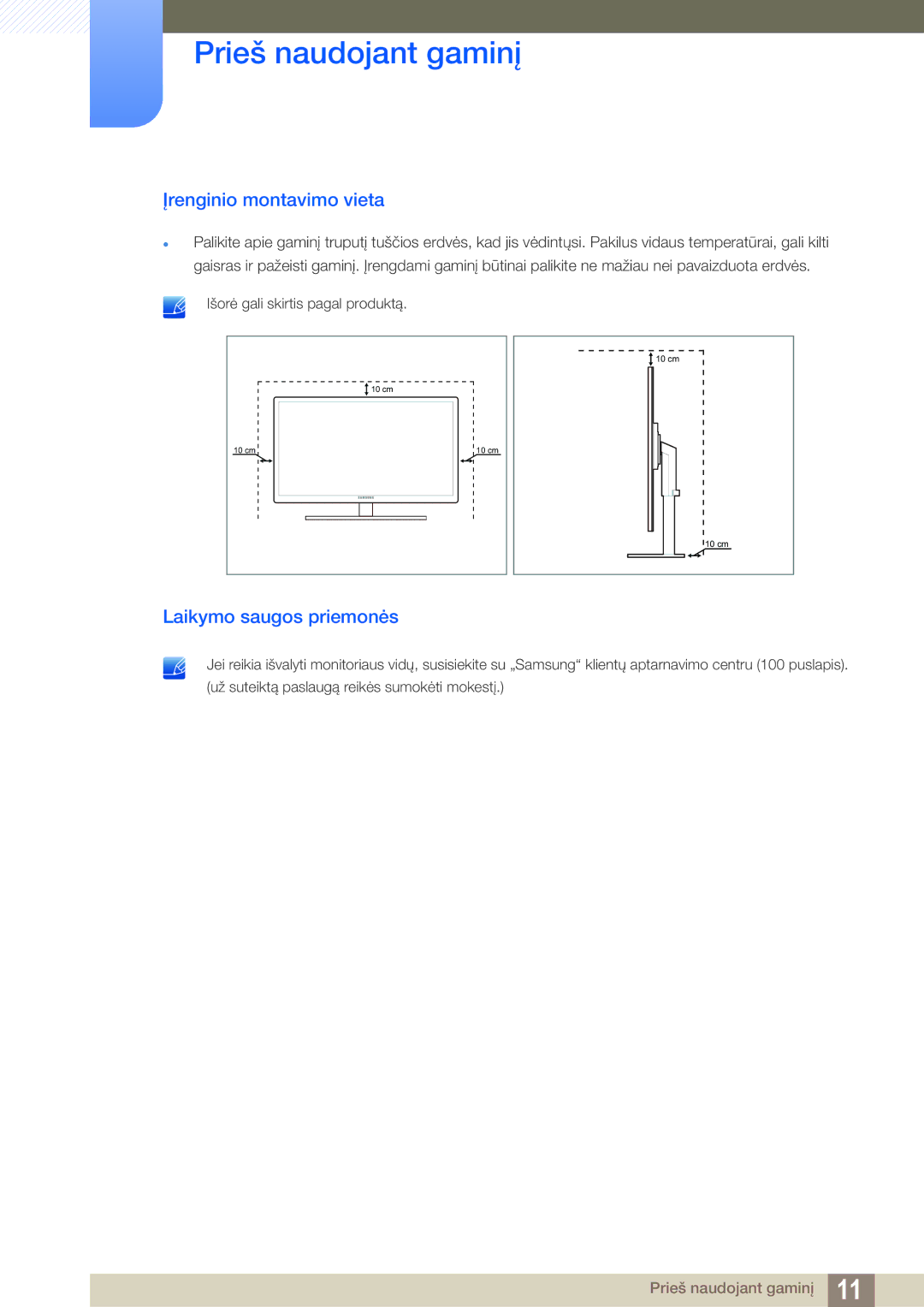 Samsung LF24TOWHBFM/EN manual Įrenginio montavimo vieta, Laikymo saugos priemonės 