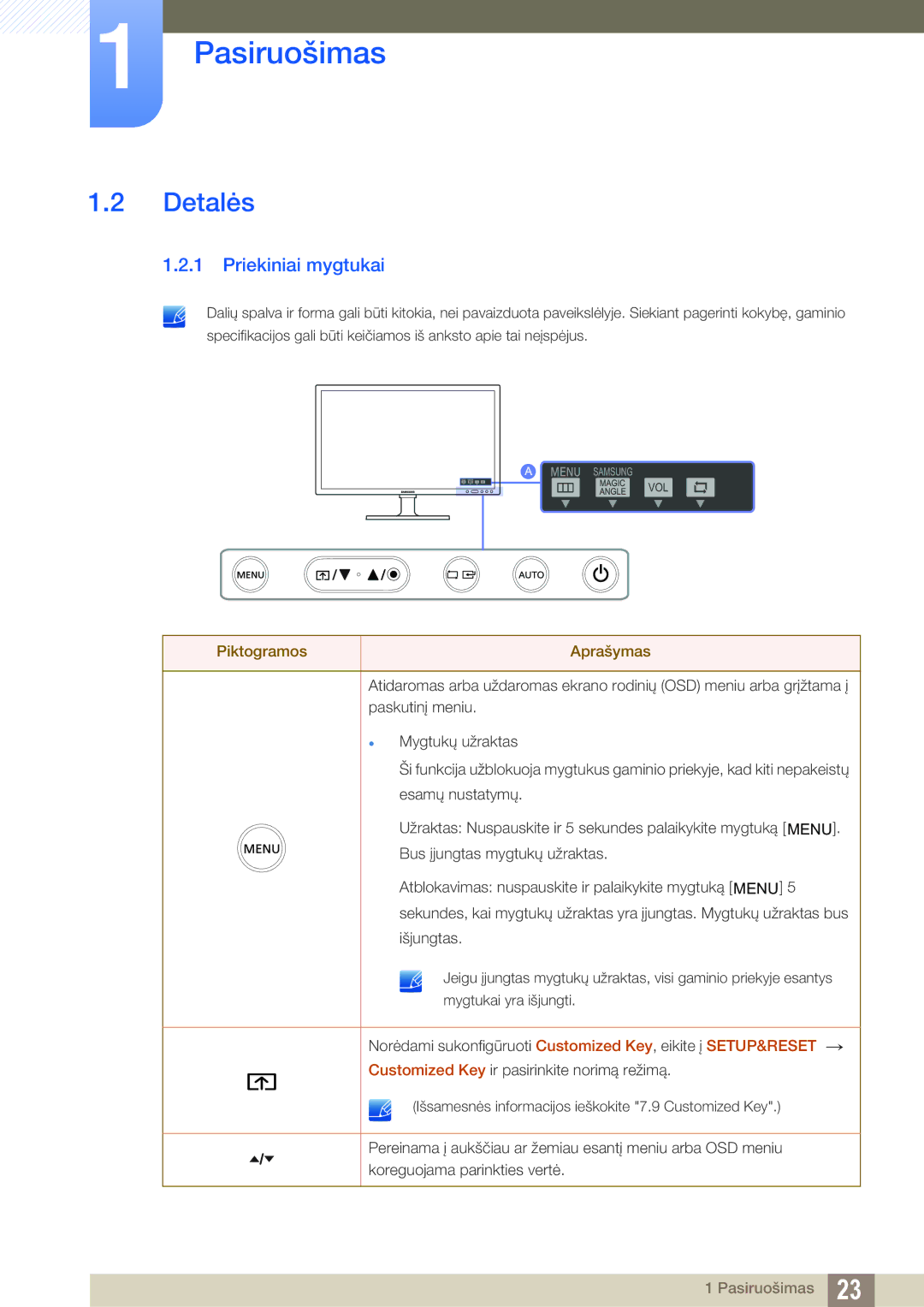 Samsung LF24TOWHBFM/EN manual Detalės, Priekiniai mygtukai 