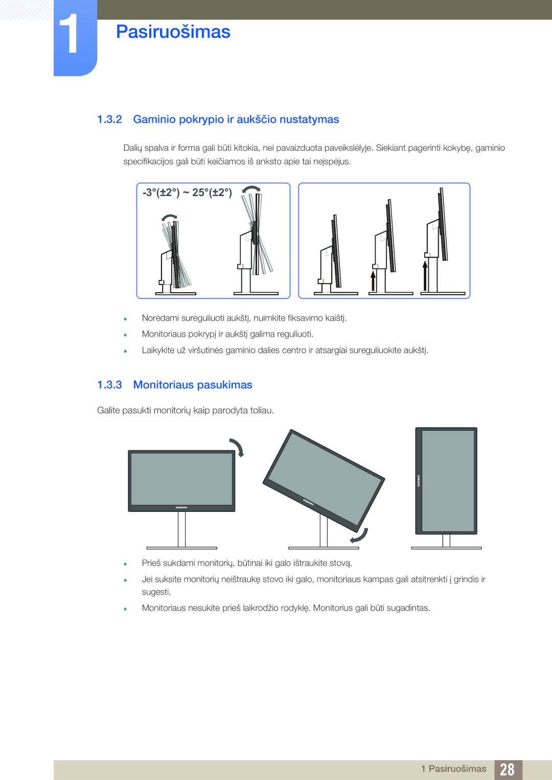 Samsung LF24TOWHBFM/EN manual Gaminio pokrypio ir aukščio nustatymas, Monitoriaus pasukimas 