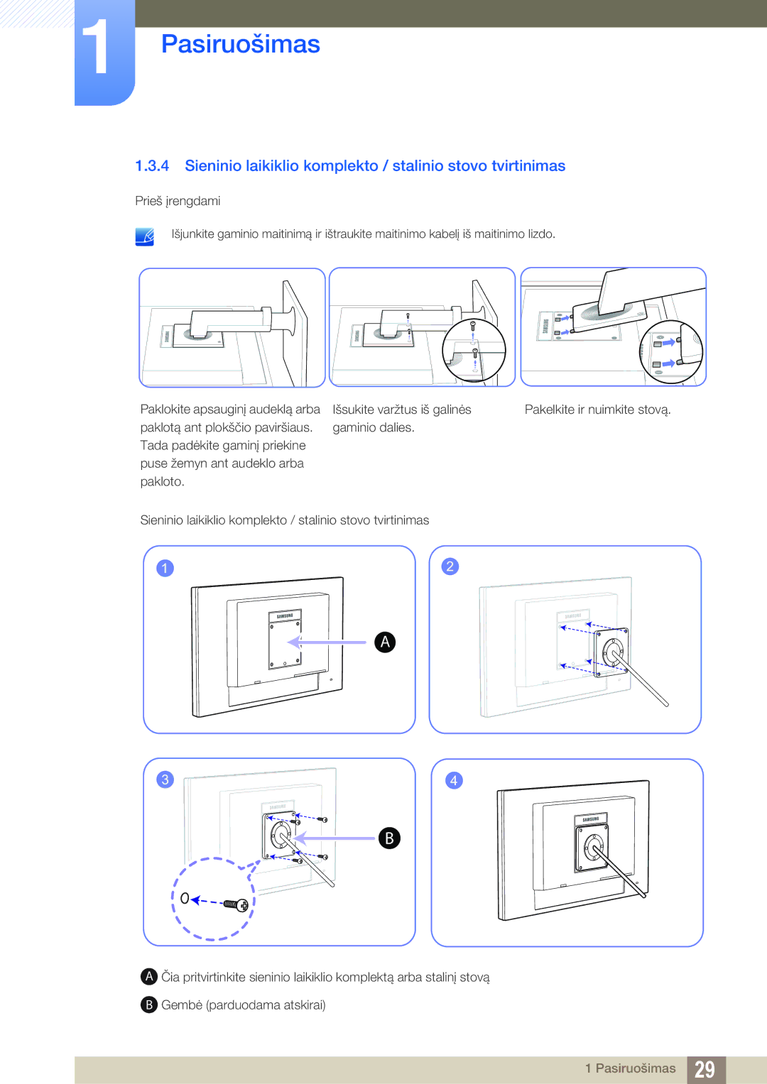 Samsung LF24TOWHBFM/EN manual Sieninio laikiklio komplekto / stalinio stovo tvirtinimas 