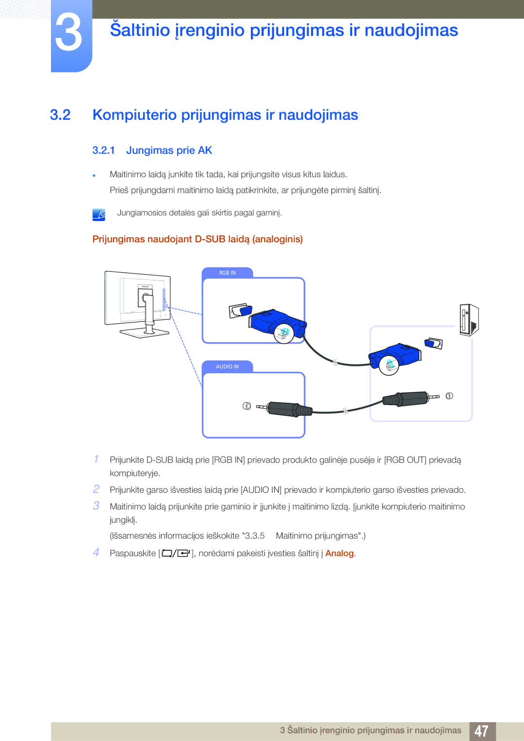 Samsung LF24TOWHBFM/EN manual Kompiuterio prijungimas ir naudojimas, Jungimas prie AK 