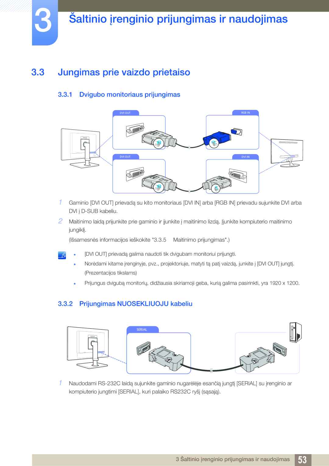 Samsung LF24TOWHBFM/EN Jungimas prie vaizdo prietaiso, Dvigubo monitoriaus prijungimas, Prijungimas Nuosekliuoju kabeliu 