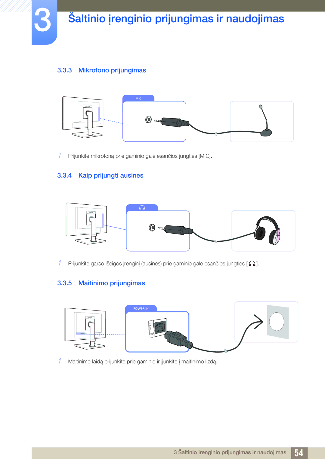 Samsung LF24TOWHBFM/EN manual Mikrofono prijungimas, Kaip prijungti ausines, Maitinimo prijungimas 