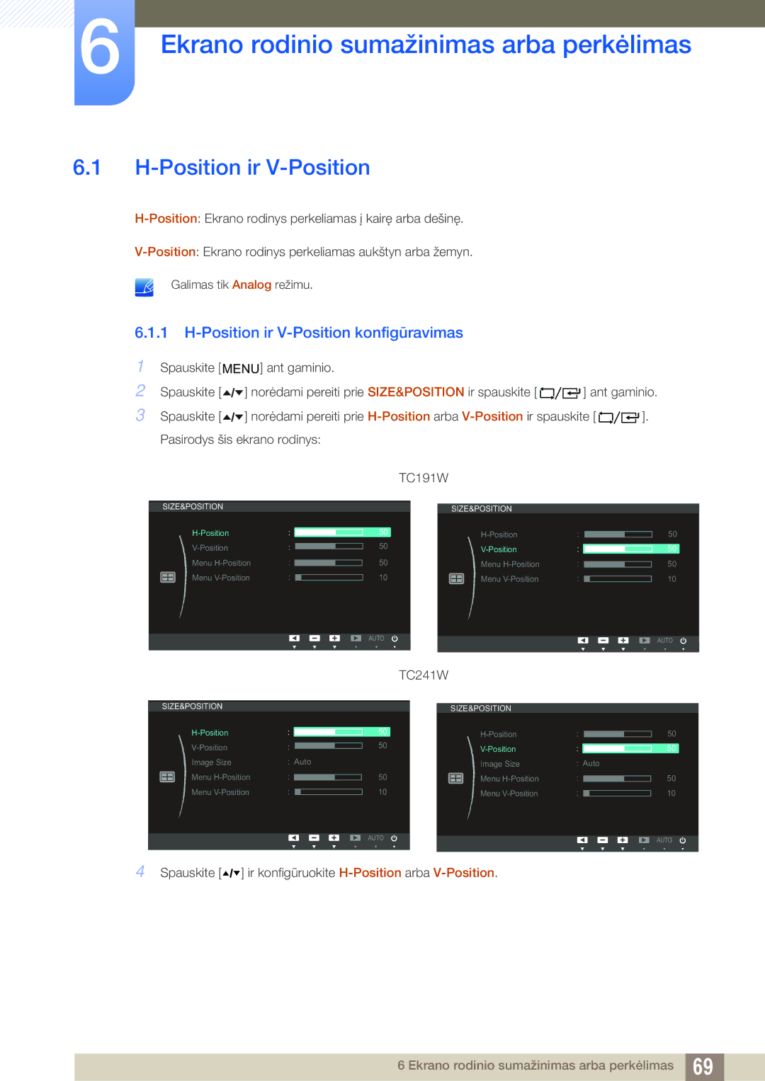 Samsung LF24TOWHBFM/EN manual Ekrano rodinio sumažinimas arba perkėlimas, Position ir V-Position 