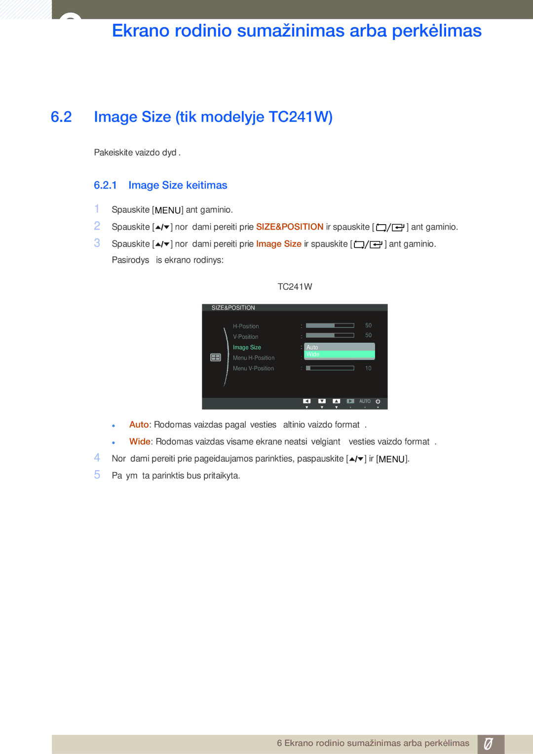 Samsung LF24TOWHBFM/EN manual Image Size tik modelyje TC241W, Image Size keitimas 