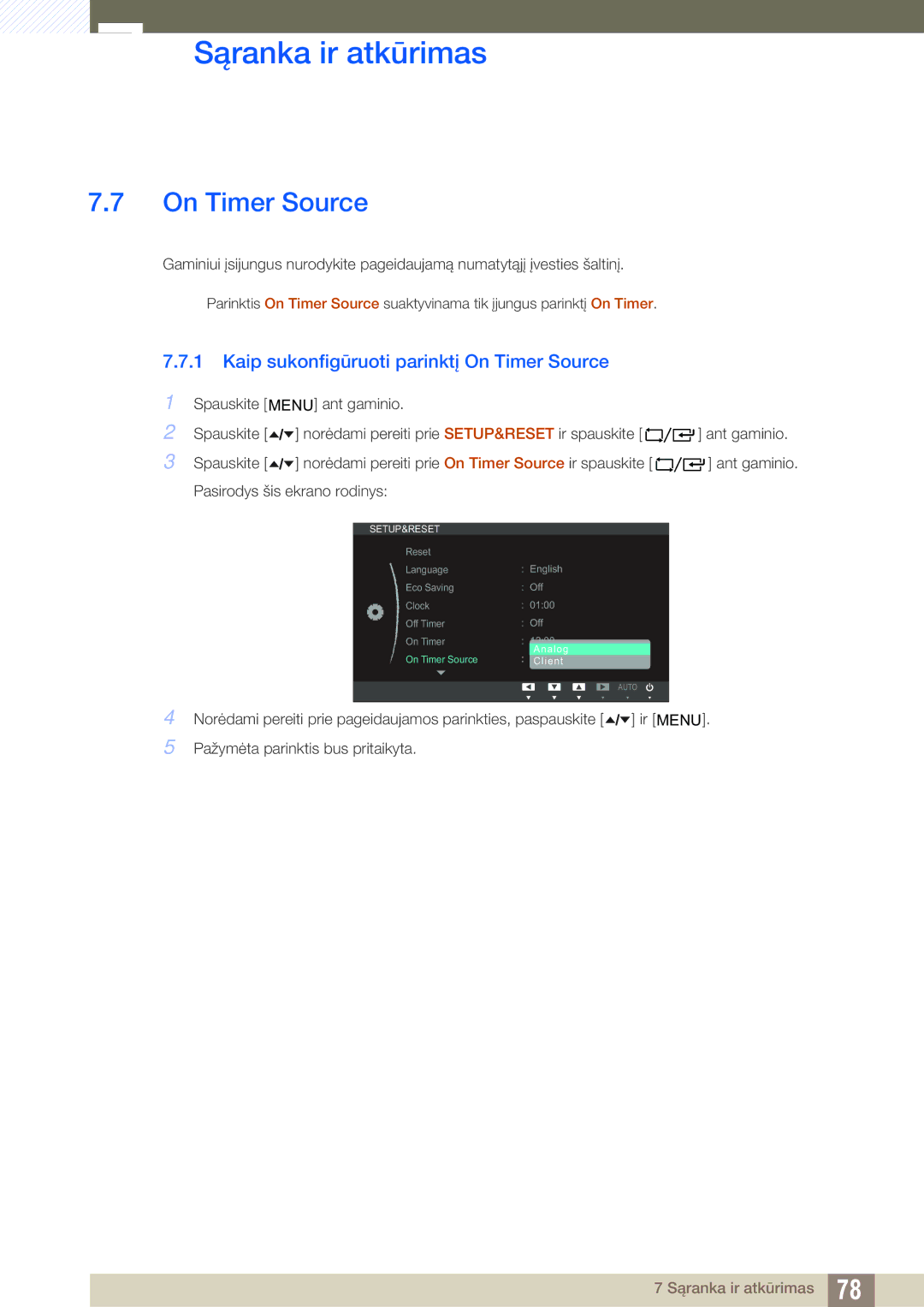 Samsung LF24TOWHBFM/EN manual Kaip sukonfigūruoti parinktį On Timer Source 