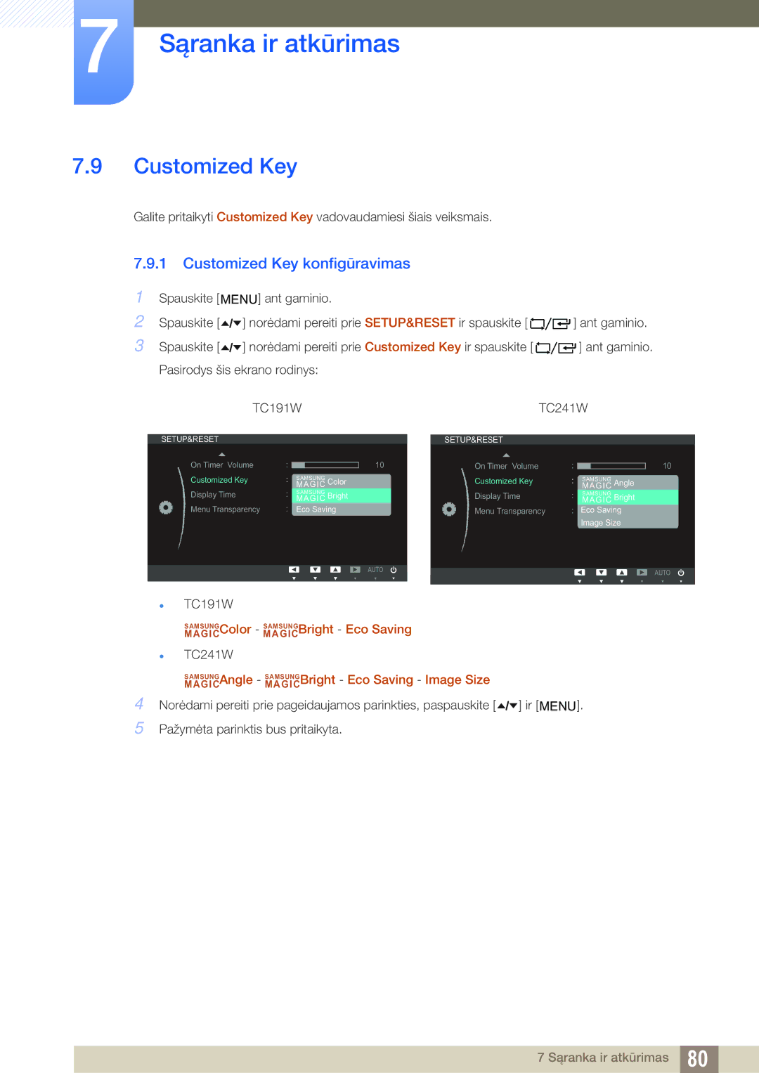 Samsung LF24TOWHBFM/EN manual Customized Key konfigūravimas 