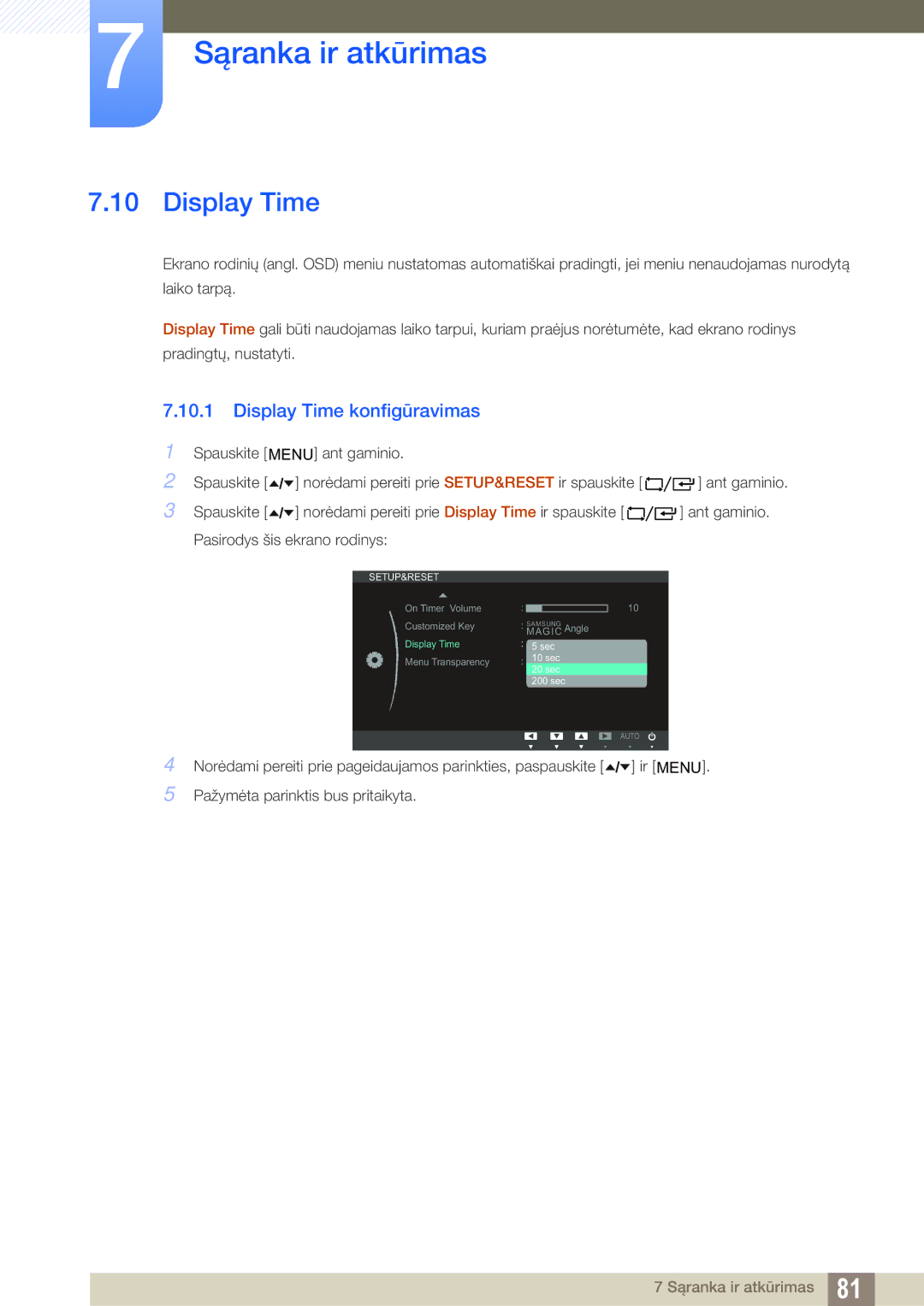 Samsung LF24TOWHBFM/EN manual Display Time konfigūravimas 