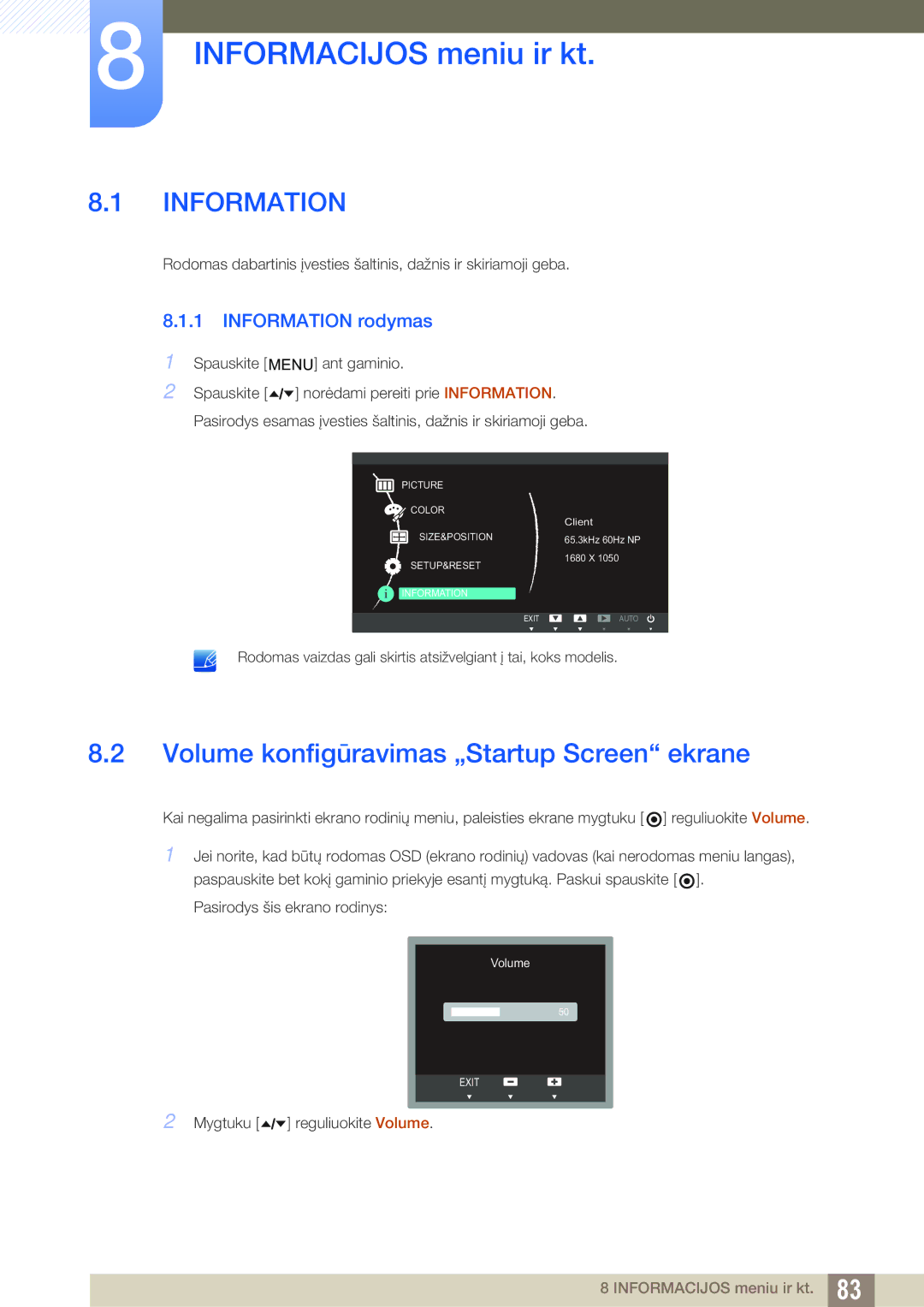 Samsung LF24TOWHBFM/EN manual Informacijos meniu ir kt, Volume konfigūravimas „Startup Screen ekrane, Information rodymas 