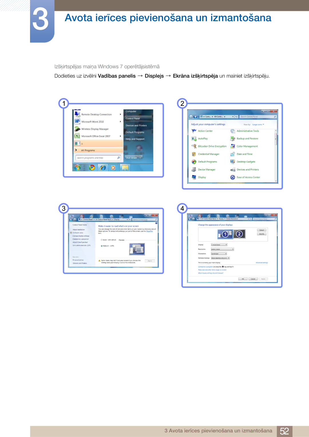 Samsung LF24TOWHBFM/EN manual Izšķirtspējas maiņa Windows 7 operētājsistēmā 