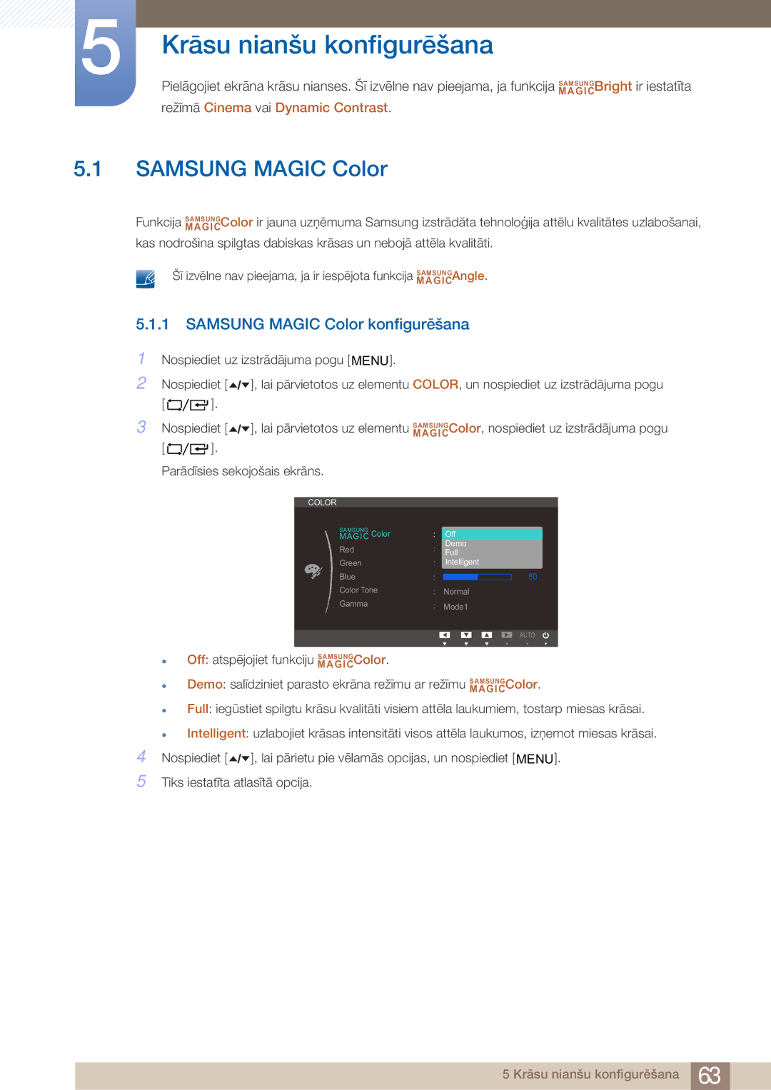 Samsung LF24TOWHBFM/EN manual Krāsu nianšu konfigurēšana, Samsung Magic Color konfigurēšana 