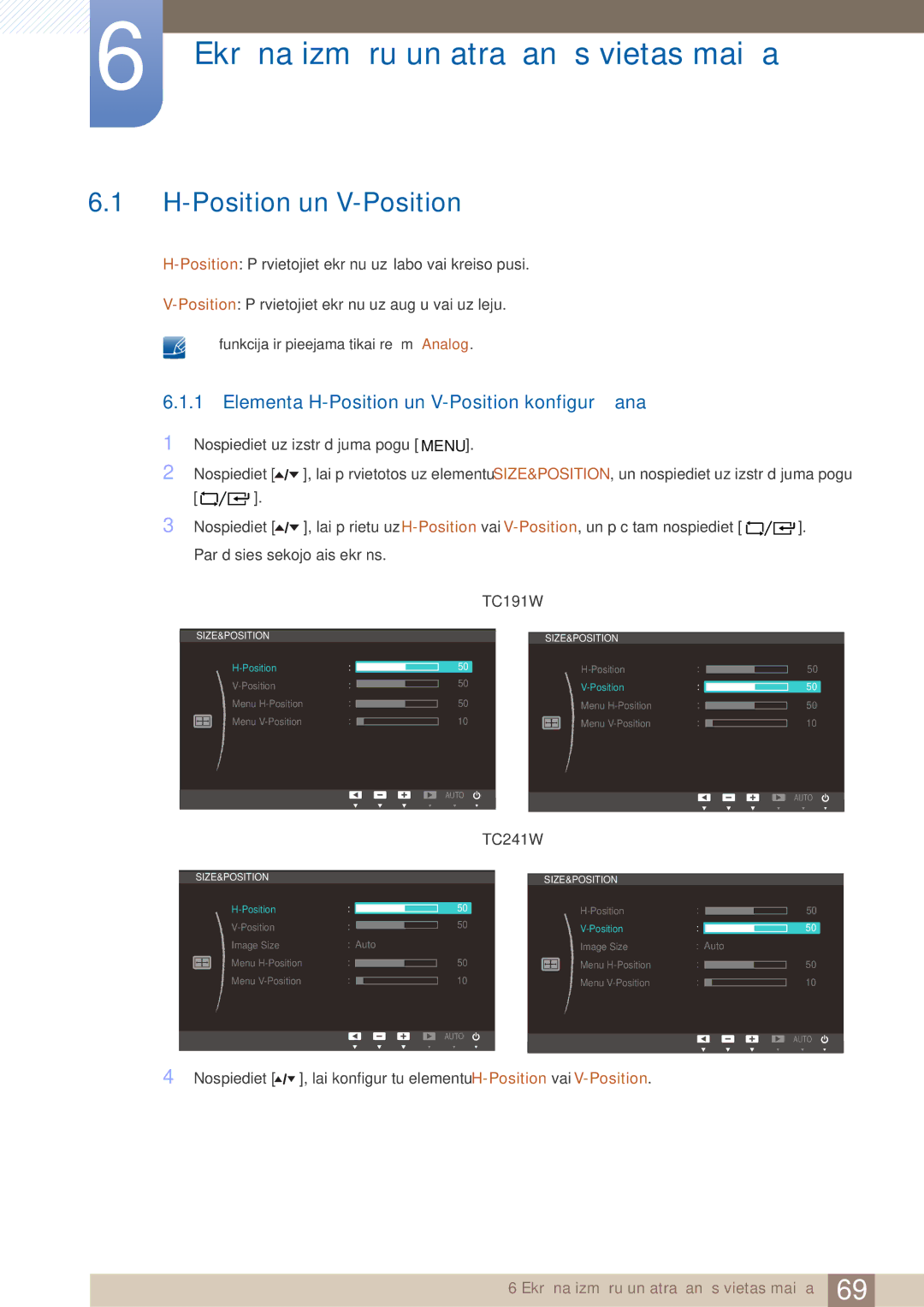 Samsung LF24TOWHBFM/EN manual Ekrāna izmēru un atrašanās vietas maiņa, Position un V-Position 