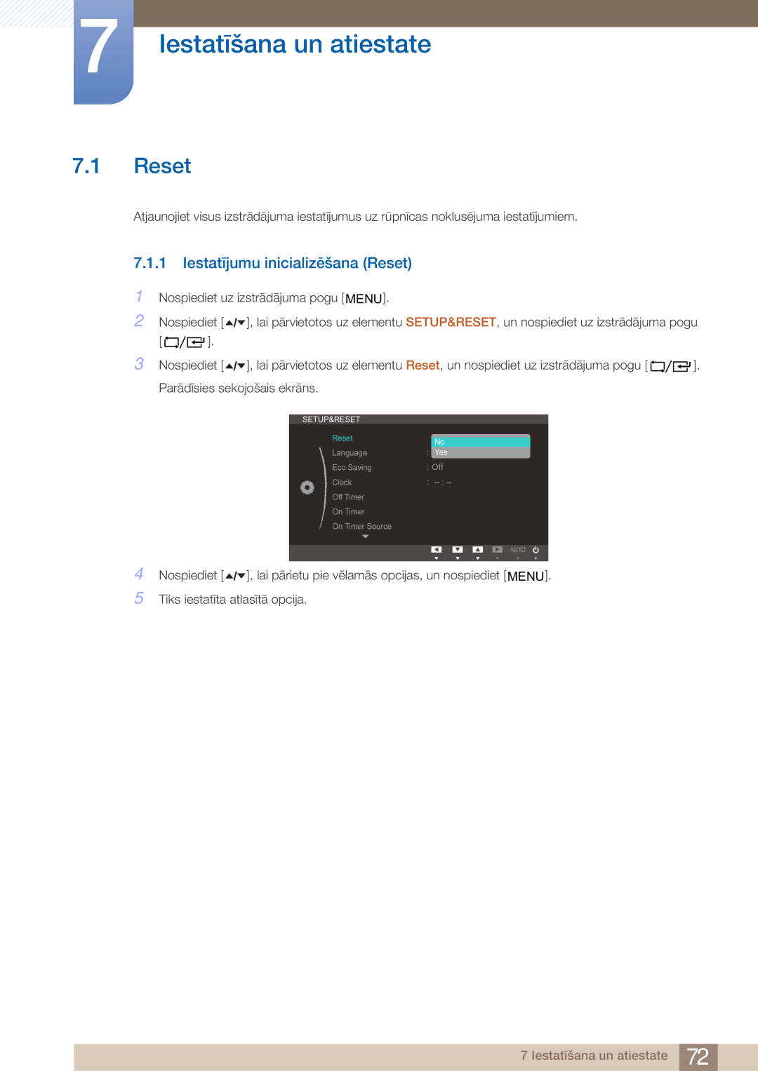 Samsung LF24TOWHBFM/EN manual Iestatīšana un atiestate, Iestatījumu inicializēšana Reset 