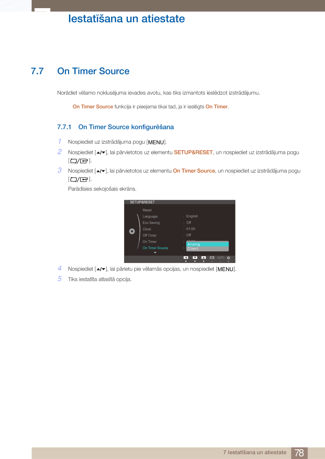 Samsung LF24TOWHBFM/EN manual On Timer Source konfigurēšana 