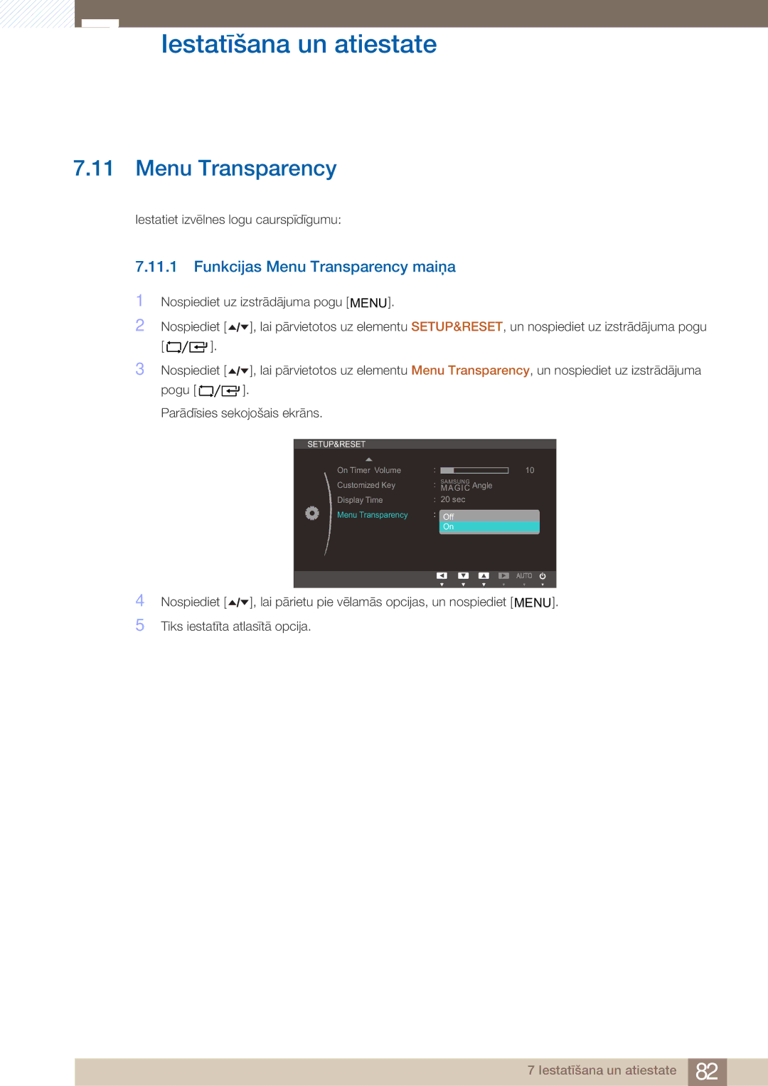 Samsung LF24TOWHBFM/EN manual Funkcijas Menu Transparency maiņa 