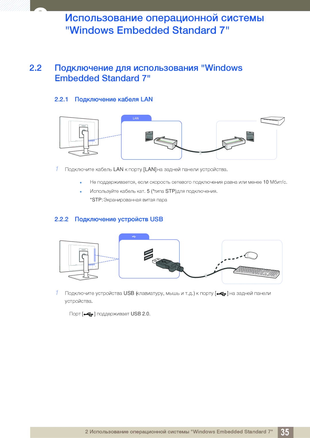 Samsung LF24TOWHBFM/EN manual Подключение для использования Windows Embedded Standard, 1 Подключение кабеля LAN 