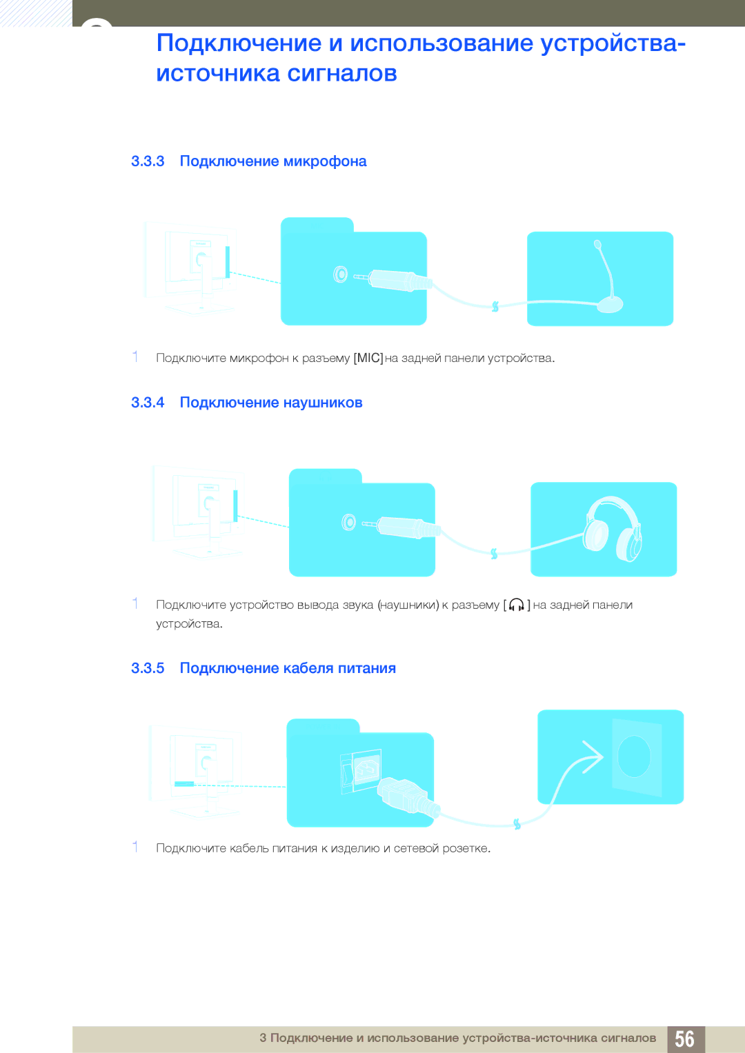 Samsung LF24TOWHBFM/EN manual 3 Подключение микрофона, 4 Подключение наушников, 5 Подключение кабеля питания 