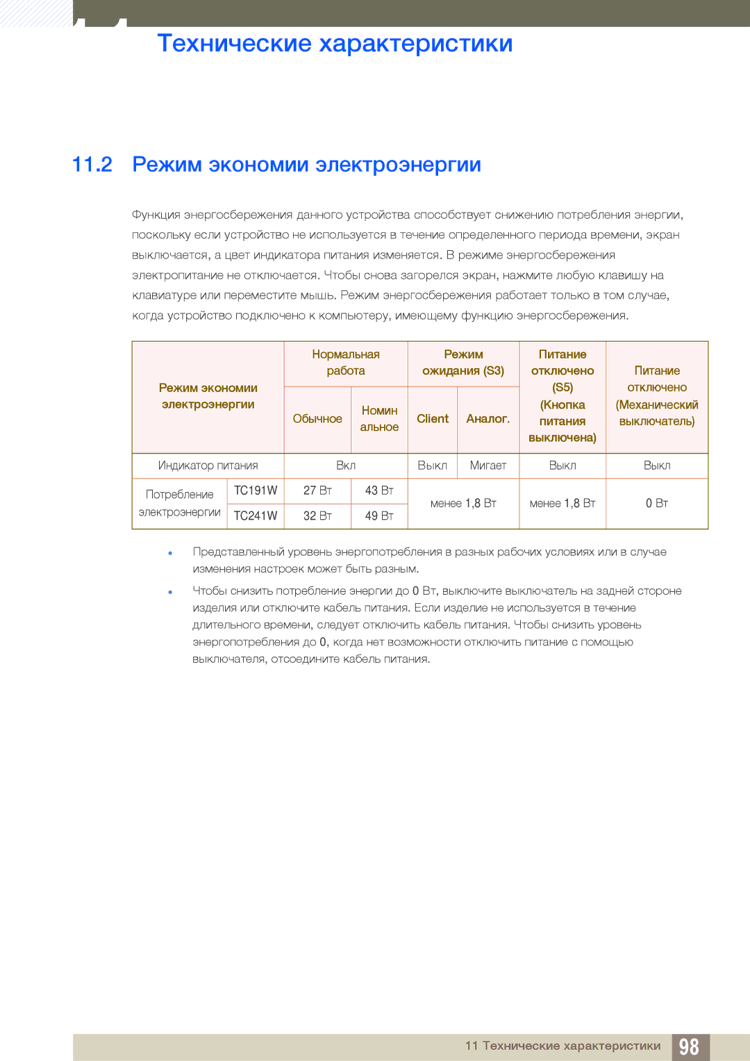 Samsung LF24TOWHBFM/EN manual 11.2 Режим экономии электроэнергии, Выключена 