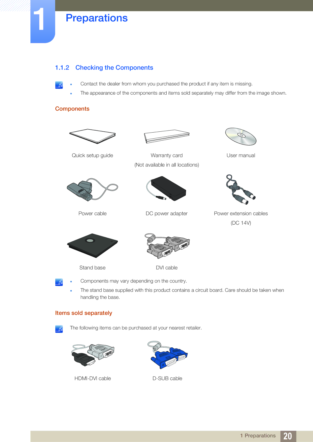 Samsung LF22TSWTBDN/XY, LF24TSWTBDN/EN, LF19TSWTBDN/EN, LF22TSWTBDN/EN manual Checking the Components, Items sold separately 