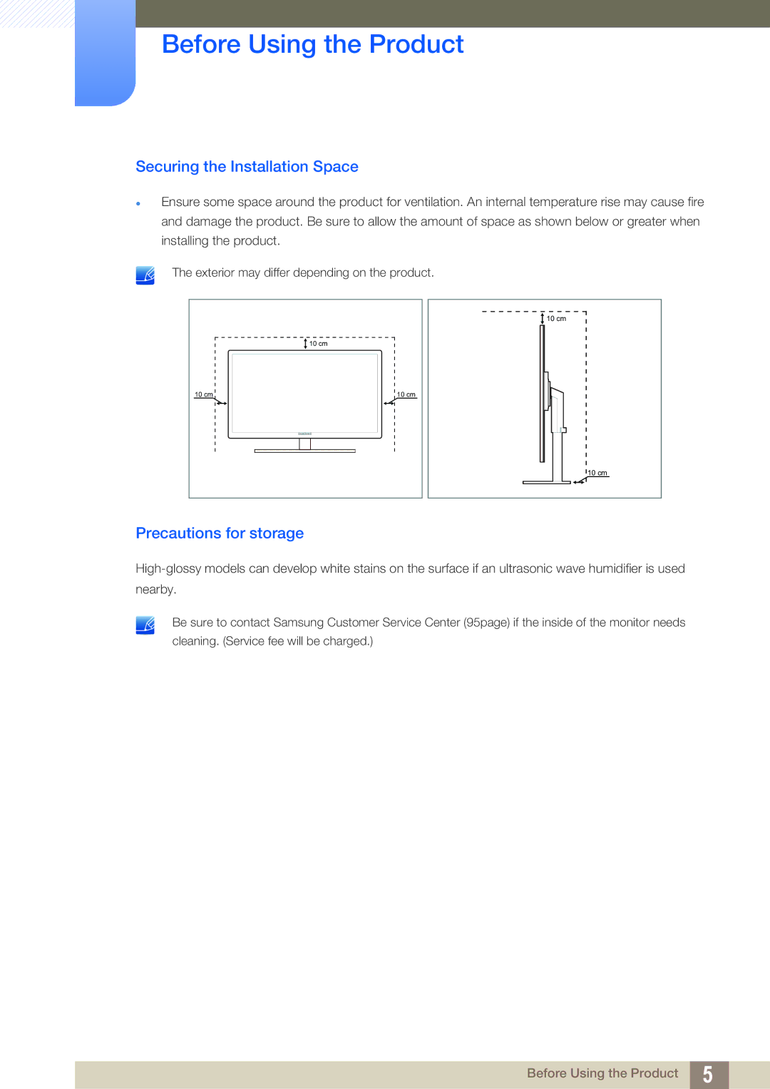 Samsung LF24TSWTBDN/NG, LF24TSWTBDN/EN, LF19TSWTBDN/EN manual Securing the Installation Space, Precautions for storage 