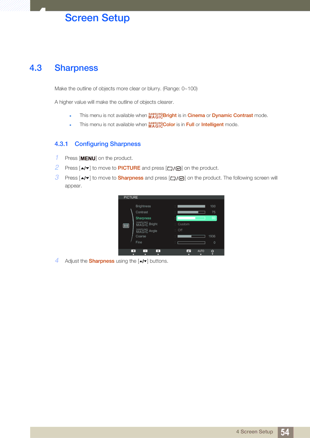 Samsung LF22TSWTBDN/NG, LF24TSWTBDN/EN, LF19TSWTBDN/EN, LF22TSWTBDN/EN, LF19TSWTBDN/XJ manual Configuring Sharpness 