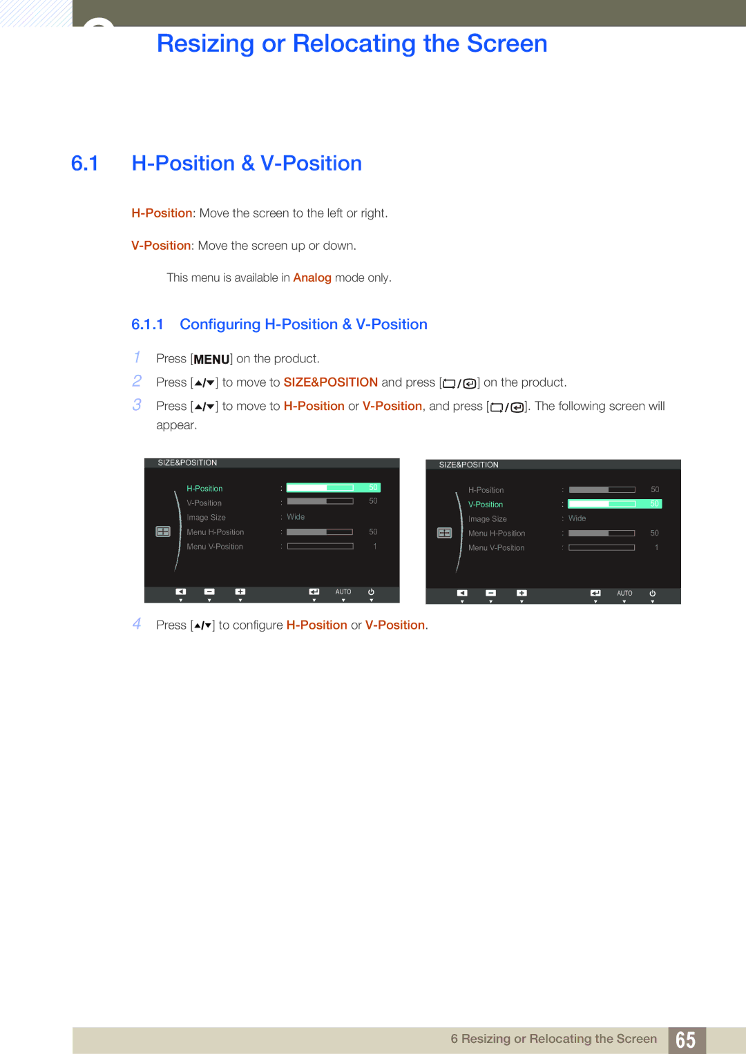 Samsung LF24TSWTBDN/NG, LF24TSWTBDN/EN manual Resizing or Relocating the Screen, Configuring H-Position & V-Position 