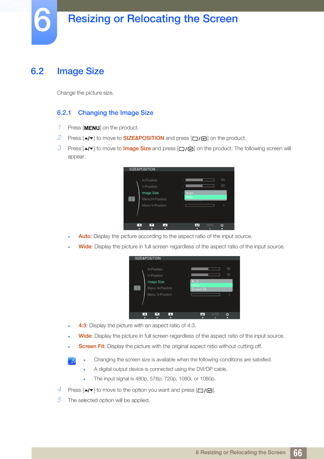 Samsung LF22TSWTBDN/NG, LF24TSWTBDN/EN, LF19TSWTBDN/EN, LF22TSWTBDN/EN, LF19TSWTBDN/XJ manual Changing the Image Size 