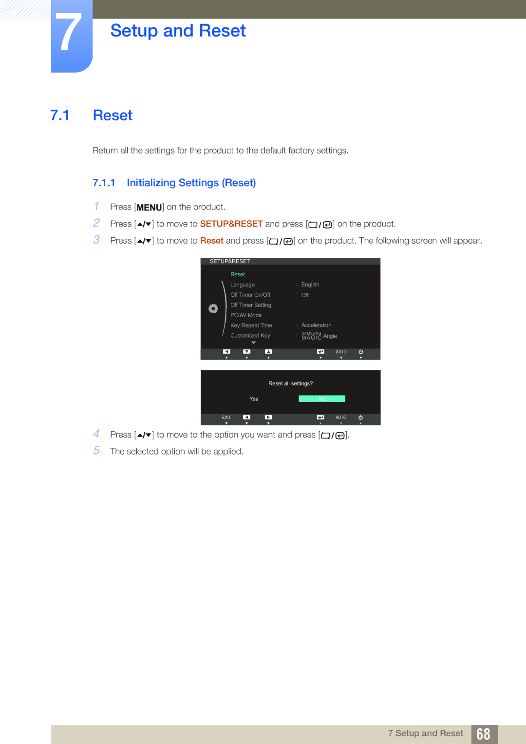 Samsung LF22TSWTBDN/XY, LF24TSWTBDN/EN, LF19TSWTBDN/EN, LF22TSWTBDN/EN manual Setup and Reset, Initializing Settings Reset 