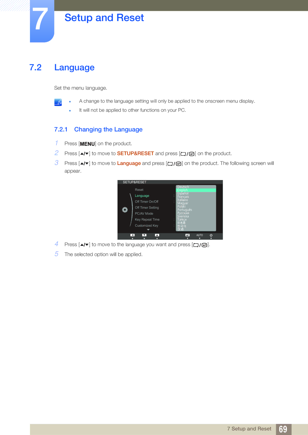 Samsung LF22TSWTBDN/XS, LF24TSWTBDN/EN, LF19TSWTBDN/EN, LF22TSWTBDN/EN, LF19TSWTBDN/XJ manual Changing the Language 