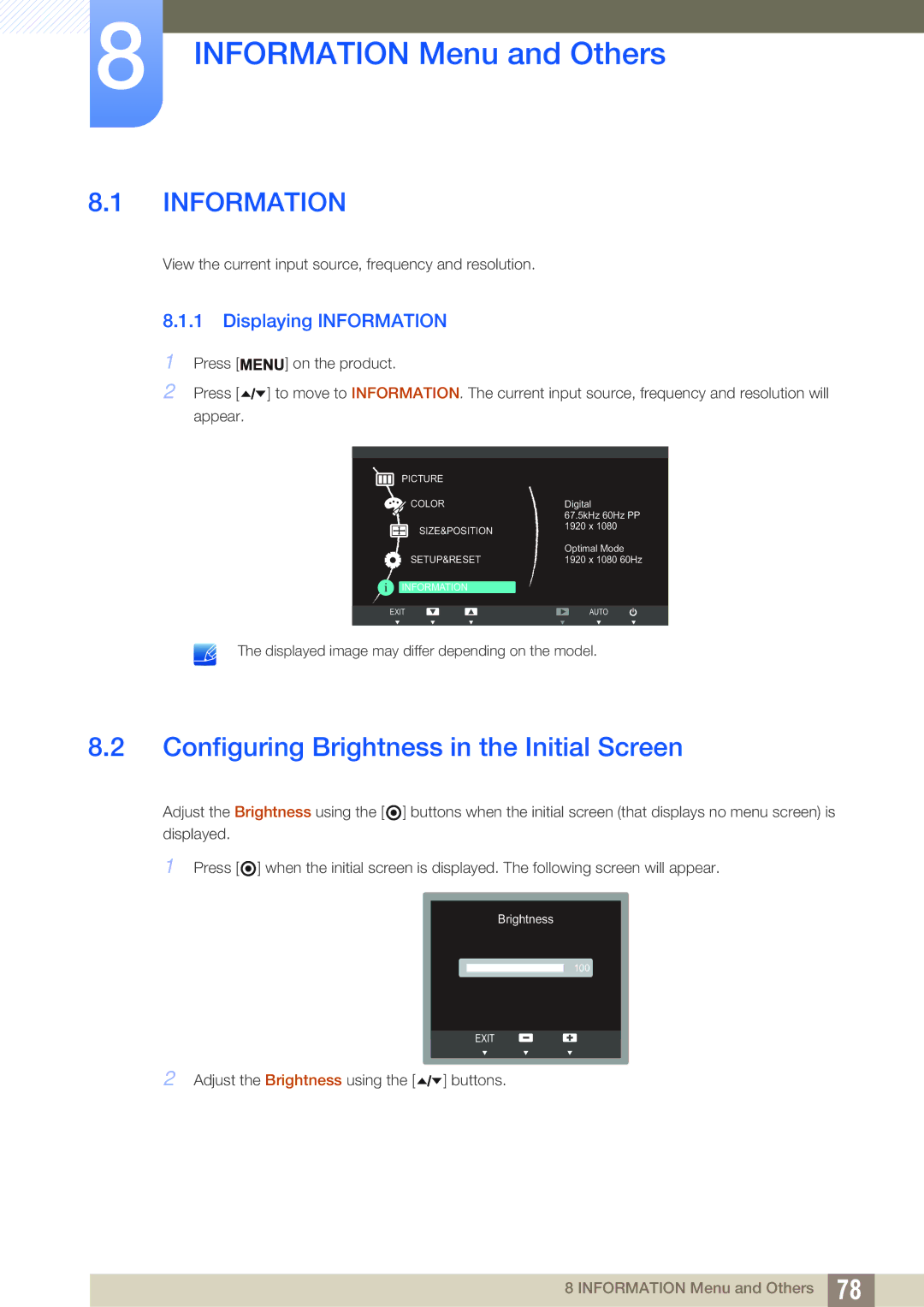 Samsung LF22TSWTBDN/NG Information Menu and Others, Configuring Brightness in the Initial Screen, Displaying Information 