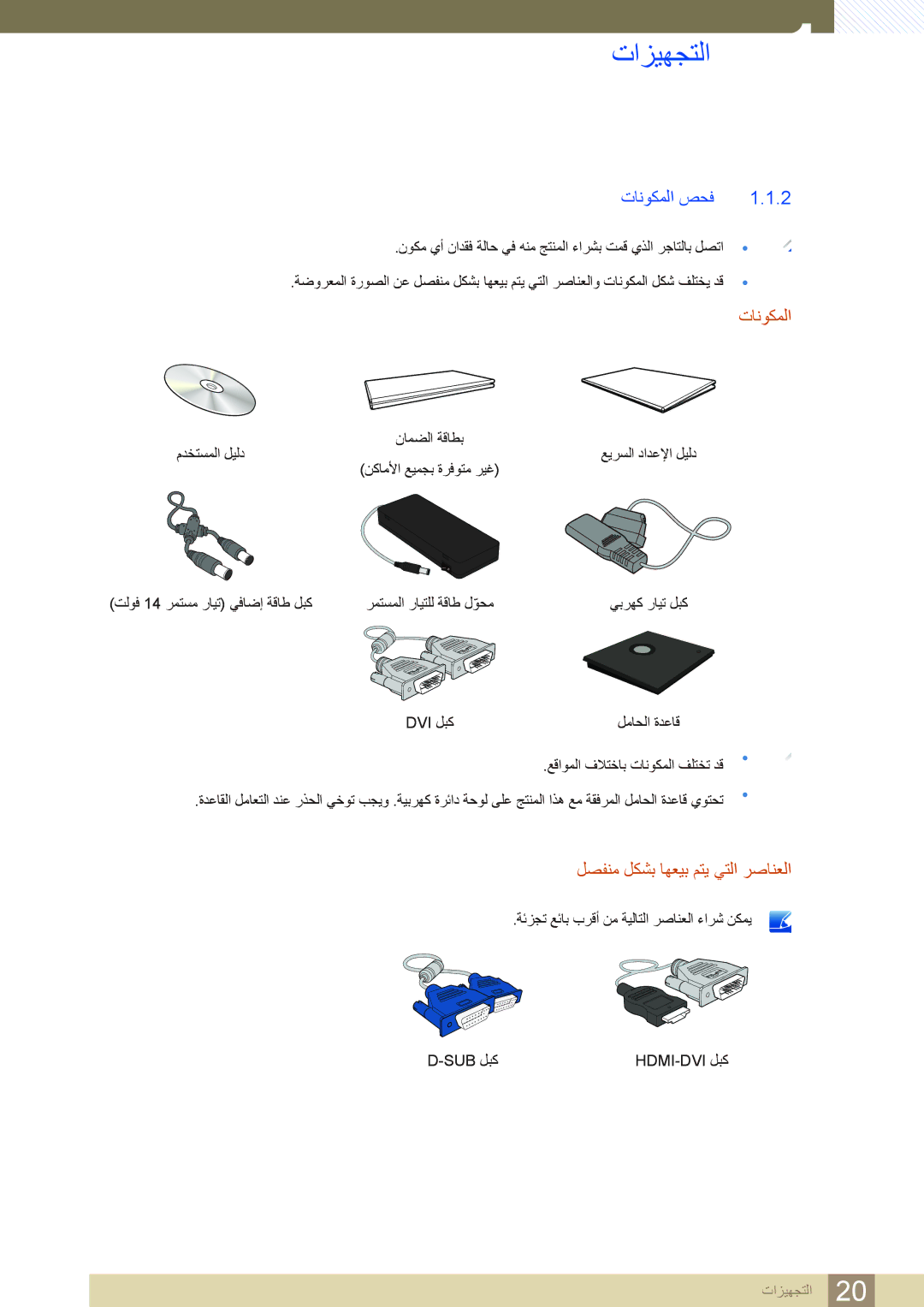 Samsung LF22TSWTBDN/EN, LF24TSWTBDN/EN, LF19TSWTBDN/EN, LF24TSWTBDN/NG manual ﺕﺎﻧﻮﻜﻤﻟﺍ ﺺﺤﻓ, ﻞﺼﻔﻨﻣ ﻞﻜﺸﺑ ﺎﻬﻌﻴﺑ ﻢﺘﻳ ﻲﺘﻟﺍ ﺮﺻﺎﻨﻌﻟﺍ 