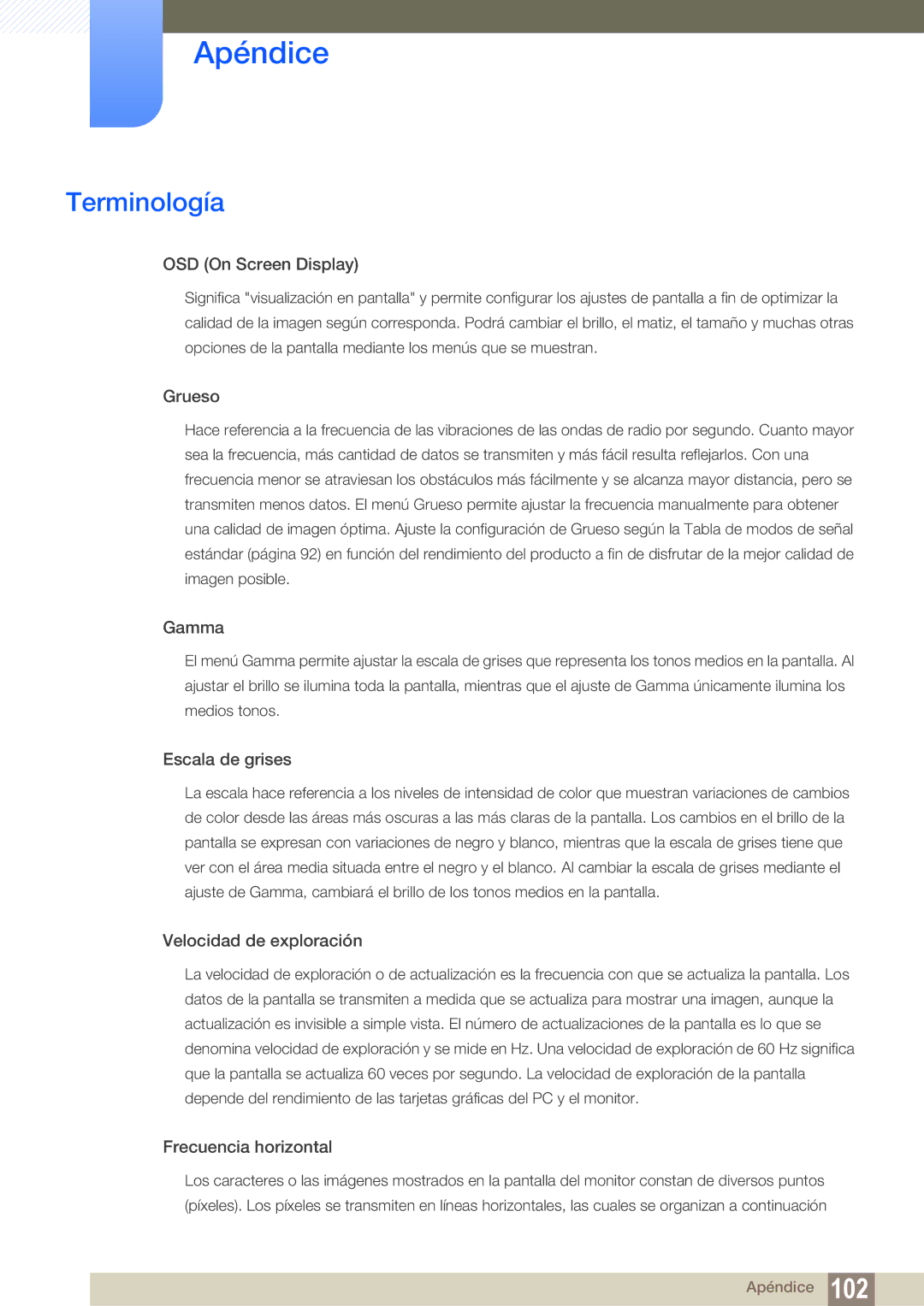 Samsung LF24TSWTBDN/EN, LF19TSWTBDN/EN, LF22TSWTBDN/EN manual Terminología, OSD On Screen Display 