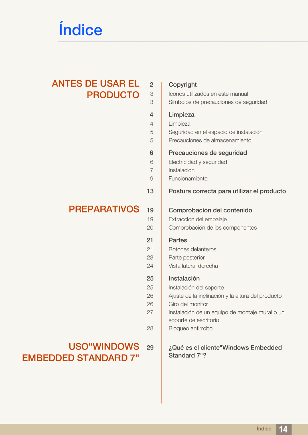 Samsung LF22TSWTBDN/EN, LF24TSWTBDN/EN, LF19TSWTBDN/EN manual Índice 