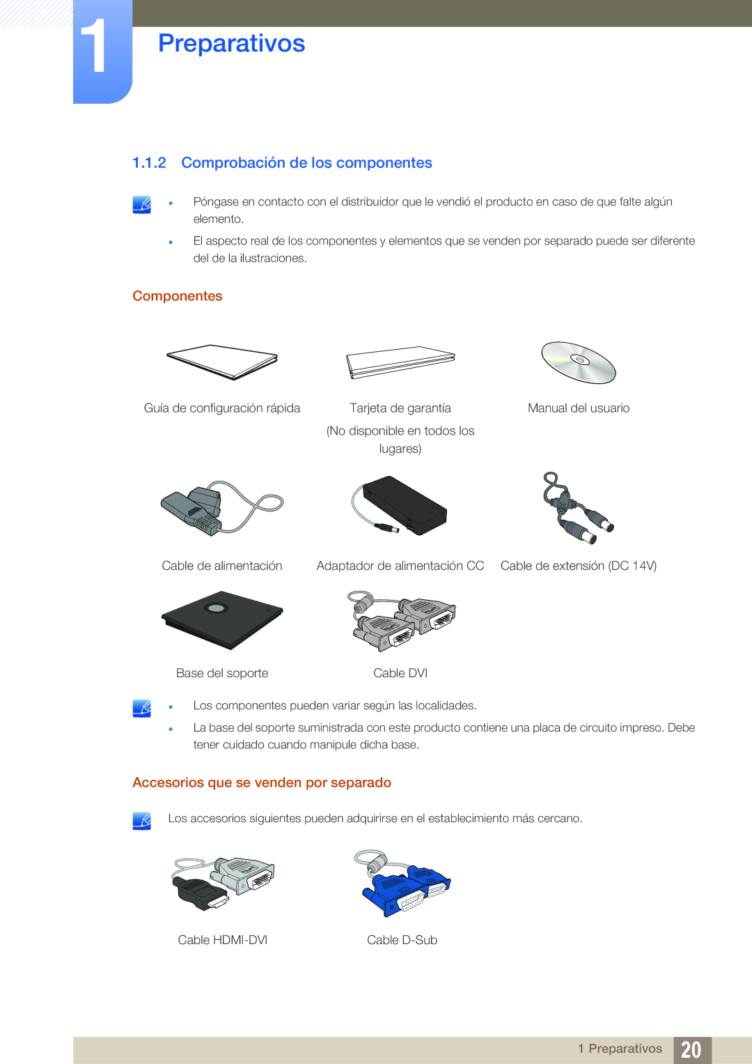 Samsung LF22TSWTBDN/EN, LF24TSWTBDN/EN Comprobación de los componentes, Componentes, Accesorios que se venden por separado 