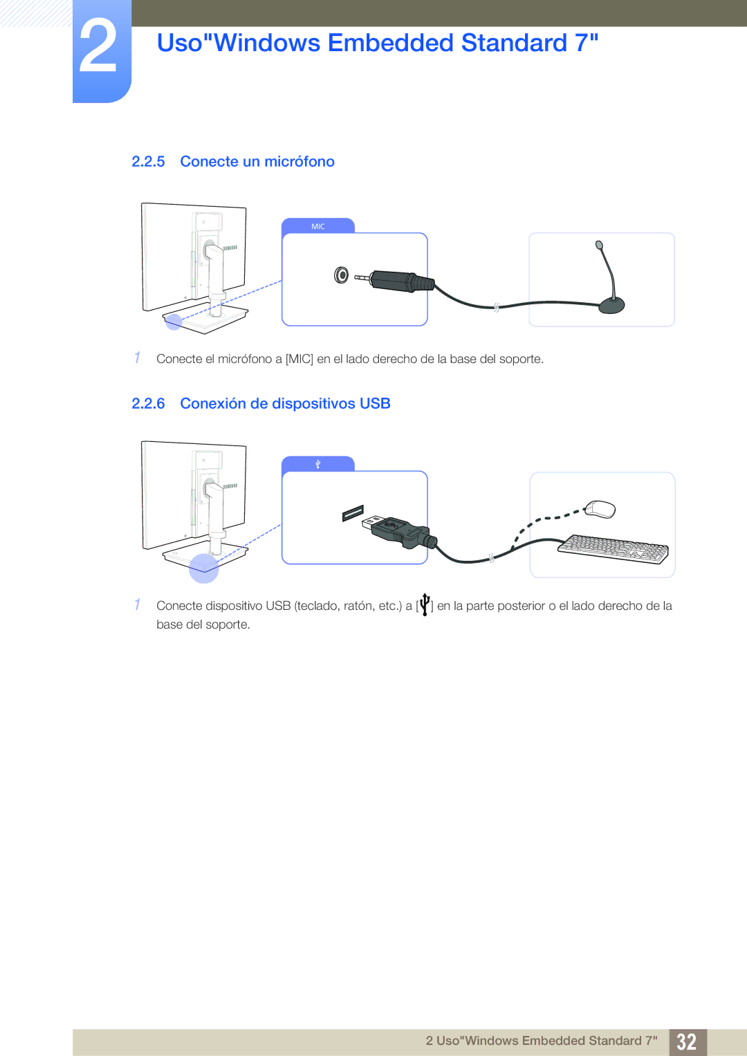 Samsung LF22TSWTBDN/EN, LF24TSWTBDN/EN, LF19TSWTBDN/EN manual Conecte un micrófono, Conexión de dispositivos USB 