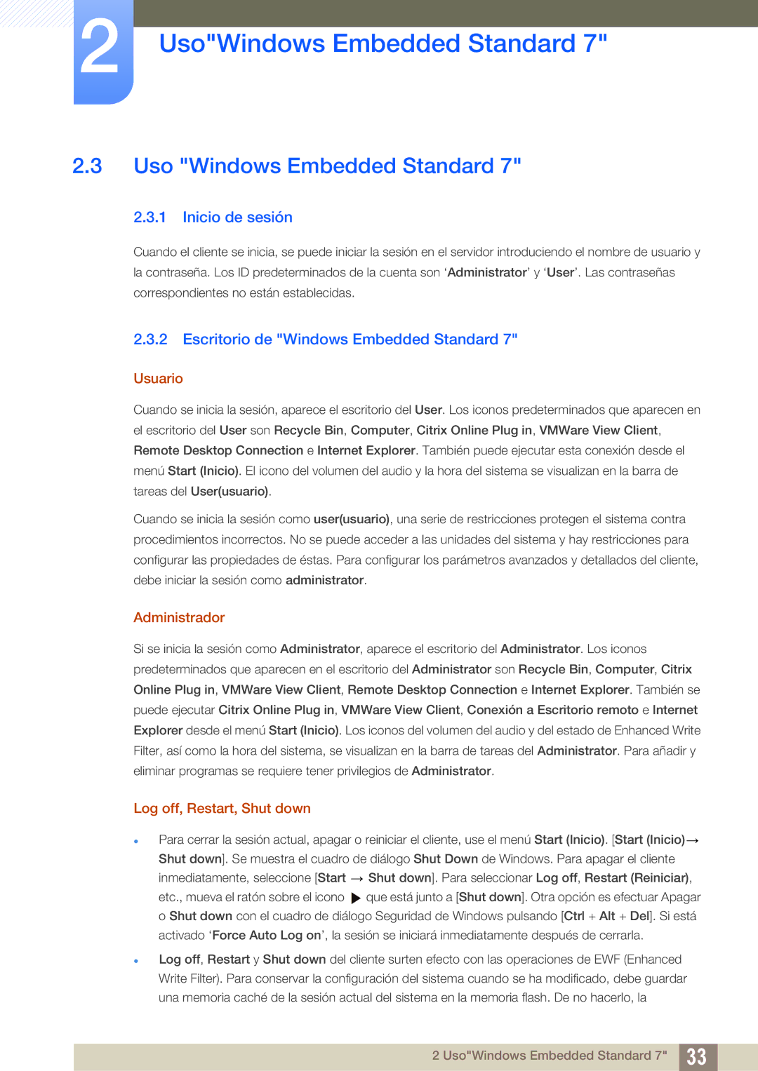 Samsung LF24TSWTBDN/EN manual Uso Windows Embedded Standard, Inicio de sesión, Escritorio de Windows Embedded Standard 