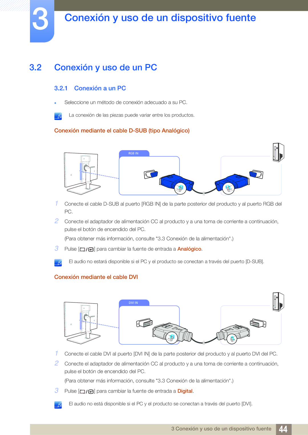 Samsung LF22TSWTBDN/EN manual Conexión y uso de un PC, Conexión a un PC, Conexión mediante el cable D-SUB tipo Analógico 