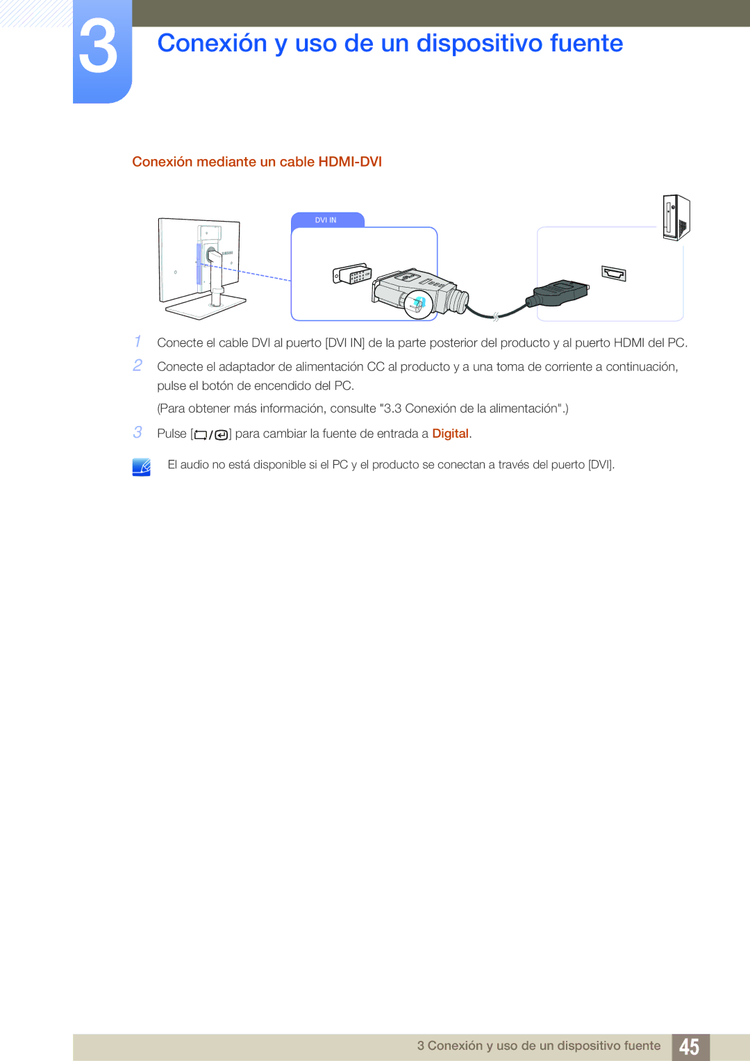 Samsung LF24TSWTBDN/EN, LF19TSWTBDN/EN, LF22TSWTBDN/EN manual Conexión mediante un cable HDMI-DVI 