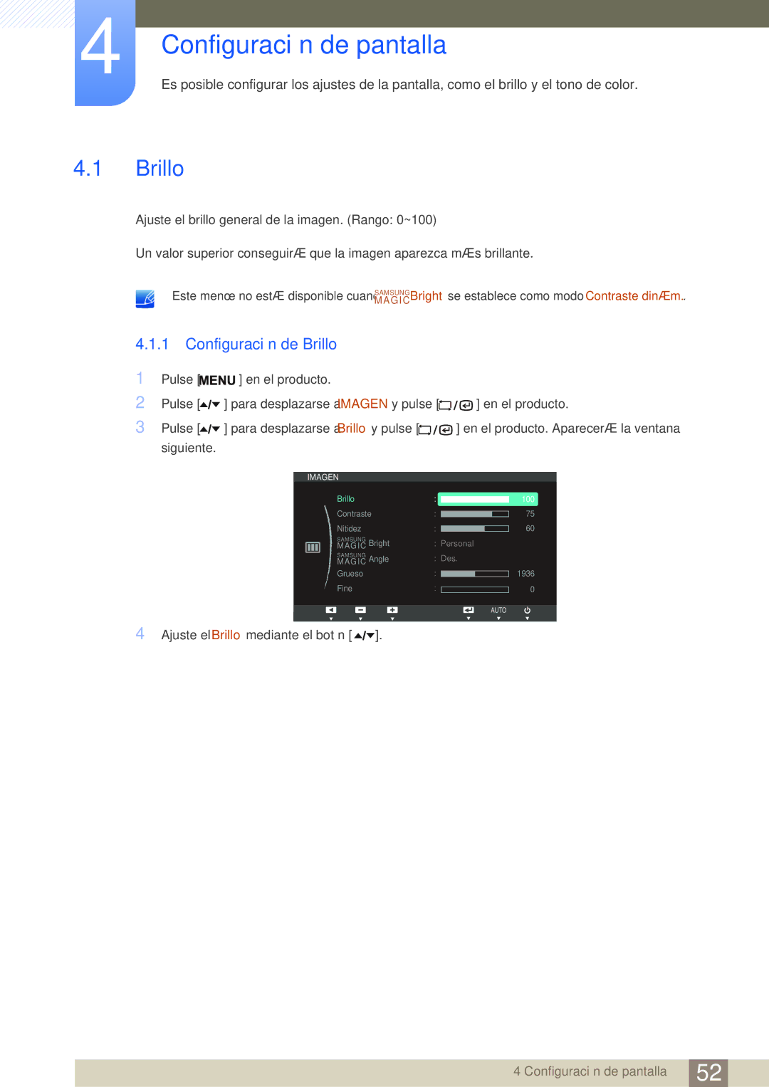 Samsung LF19TSWTBDN/EN, LF24TSWTBDN/EN, LF22TSWTBDN/EN manual Configuración de pantalla, Configuración de Brillo 