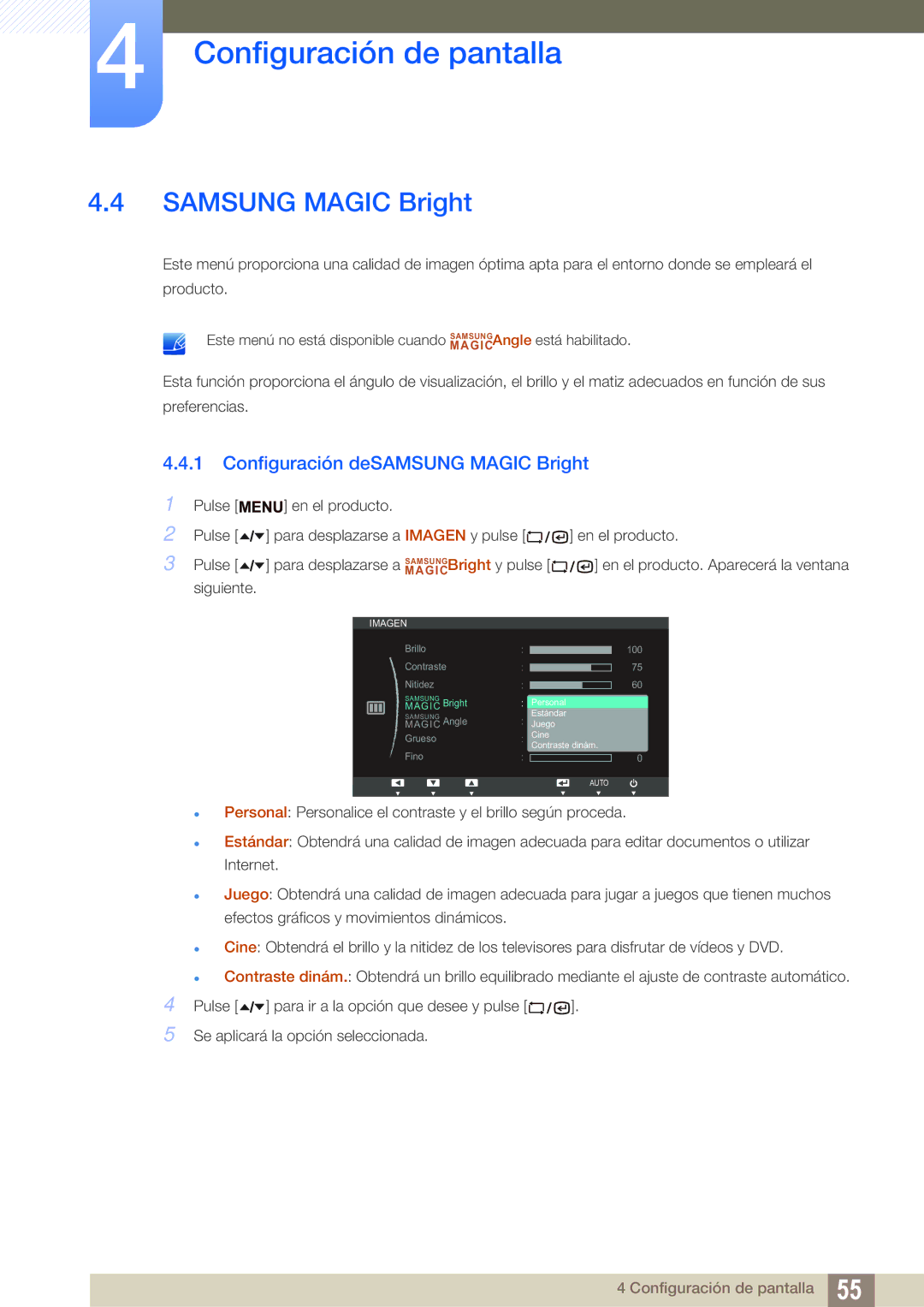 Samsung LF19TSWTBDN/EN, LF24TSWTBDN/EN, LF22TSWTBDN/EN manual Samsung Magic Bright, Configuración deSAMSUNG Magic Bright 