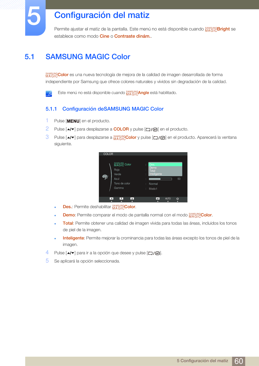 Samsung LF24TSWTBDN/EN, LF19TSWTBDN/EN Configuración del matiz, Samsung Magic Color, Configuración deSAMSUNG Magic Color 