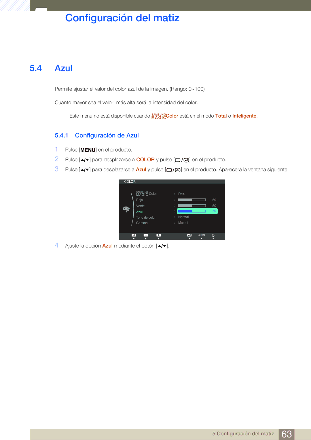 Samsung LF24TSWTBDN/EN, LF19TSWTBDN/EN, LF22TSWTBDN/EN manual Configuración de Azul 