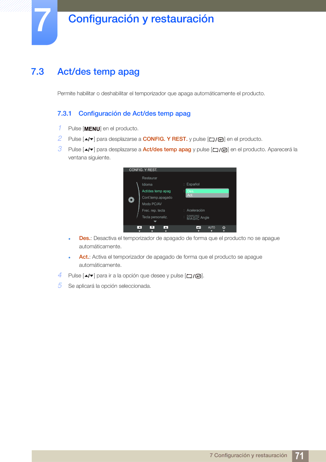 Samsung LF22TSWTBDN/EN, LF24TSWTBDN/EN, LF19TSWTBDN/EN manual Configuración de Act/des temp apag 