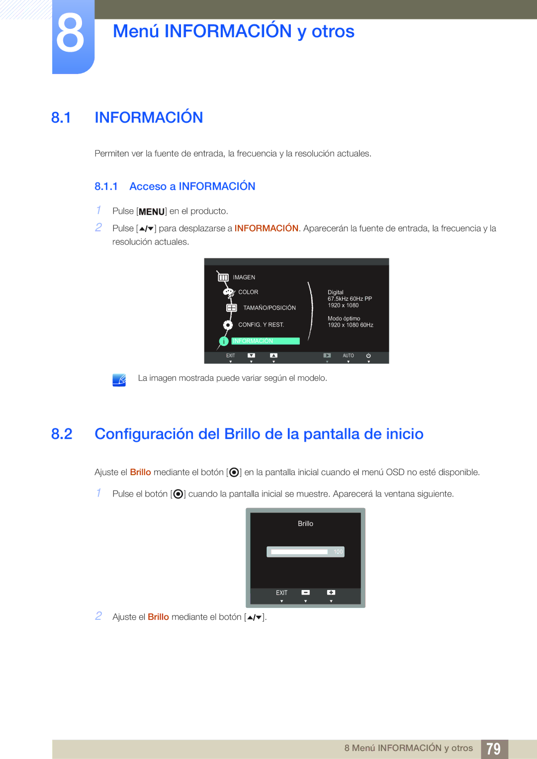 Samsung LF19TSWTBDN/EN Menú Información y otros, Configuración del Brillo de la pantalla de inicio, Acceso a Información 