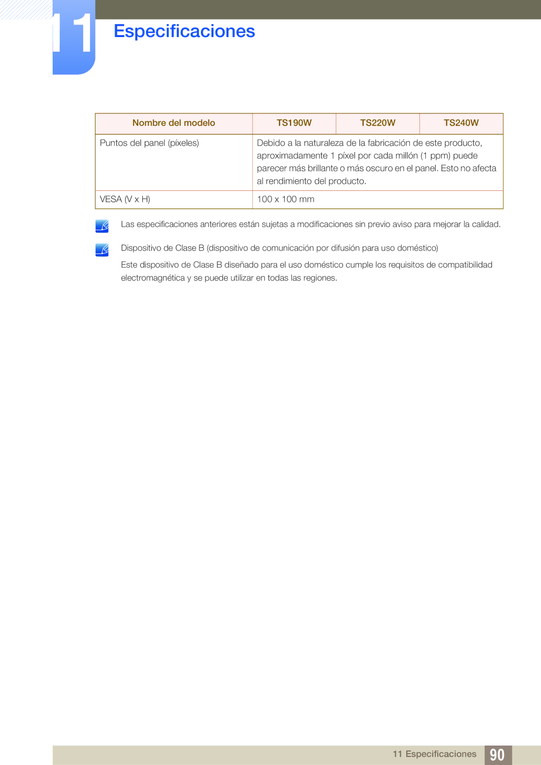 Samsung LF24TSWTBDN/EN, LF19TSWTBDN/EN, LF22TSWTBDN/EN manual Especificaciones 