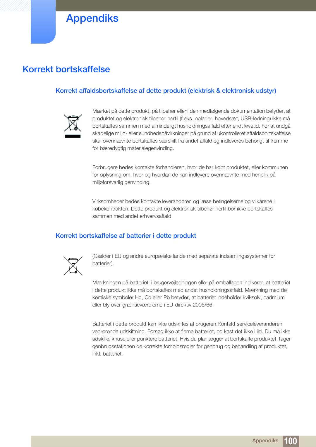 Samsung LF19TSWTBDN/EN, LF24TSWTBDN/EN, LF22TSWTBDN/EN manual Korrekt bortskaffelse af batterier i dette produkt 