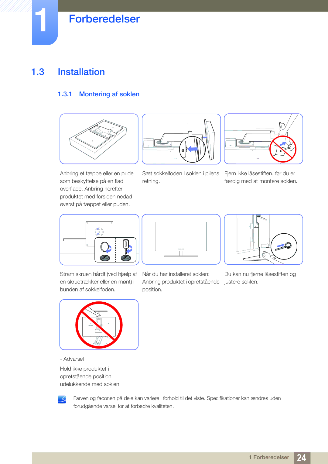 Samsung LF24TSWTBDN/EN, LF19TSWTBDN/EN, LF22TSWTBDN/EN manual Installation, Montering af soklen 