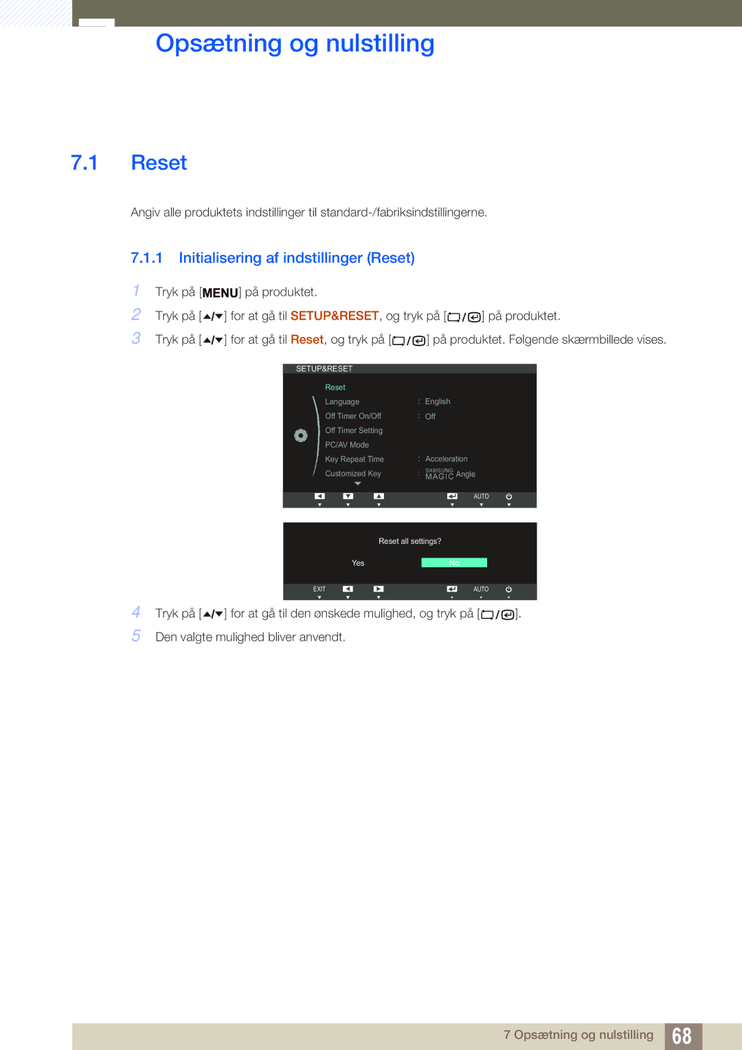 Samsung LF22TSWTBDN/EN, LF24TSWTBDN/EN, LF19TSWTBDN/EN Opsætning og nulstilling, Initialisering af indstillinger Reset 